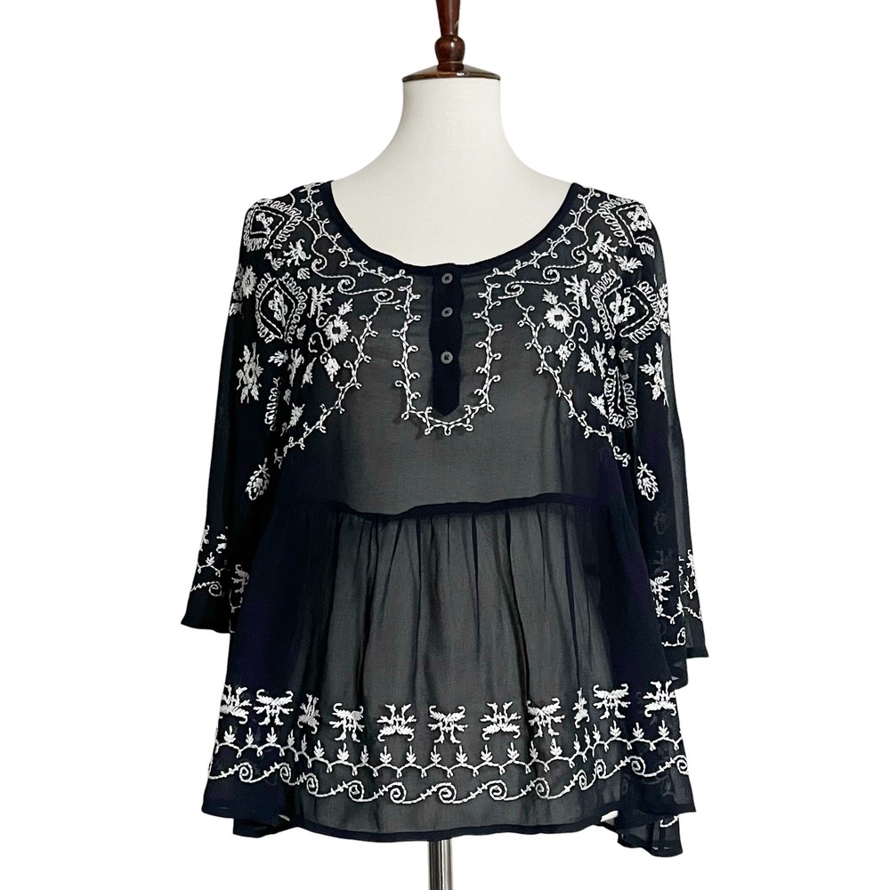 Free People Embroidered Sheer‎ Babydoll Blouse Henley Boho Top Large